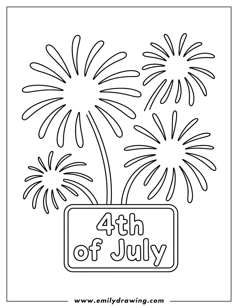 Outline of three fireworks exploding above a sign that says 