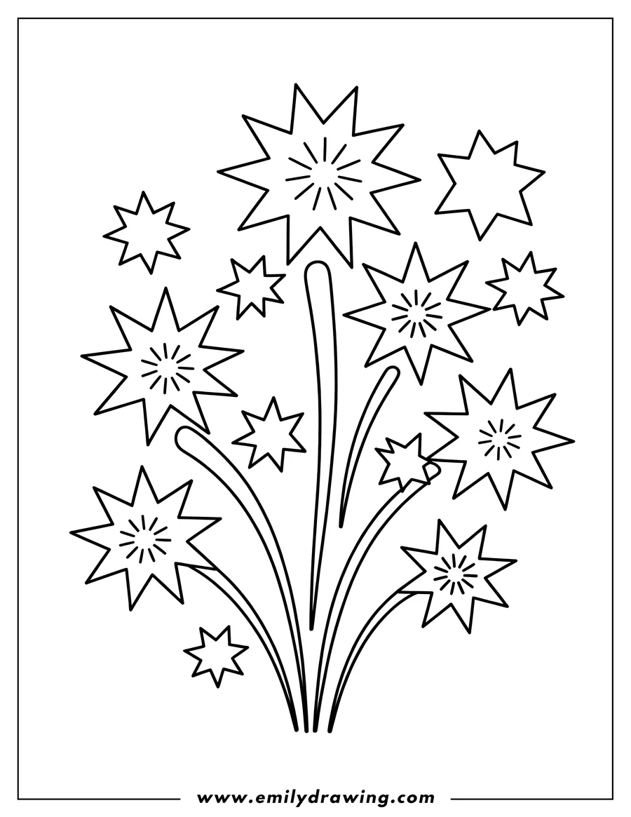 Outline of three fireworks, one with stars, one with stripes, and one with circles.