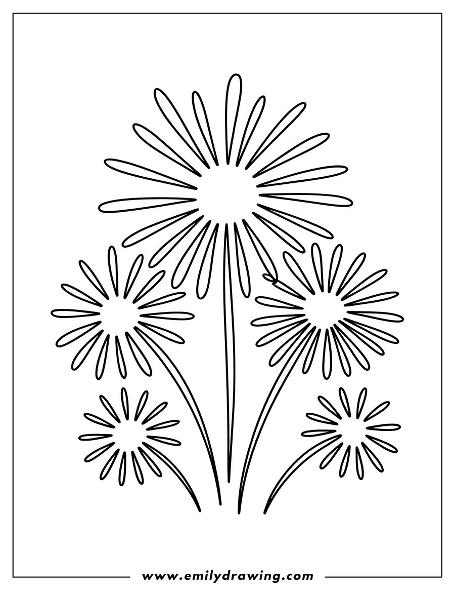 Outline of a fireworks display with five bursts of light.
