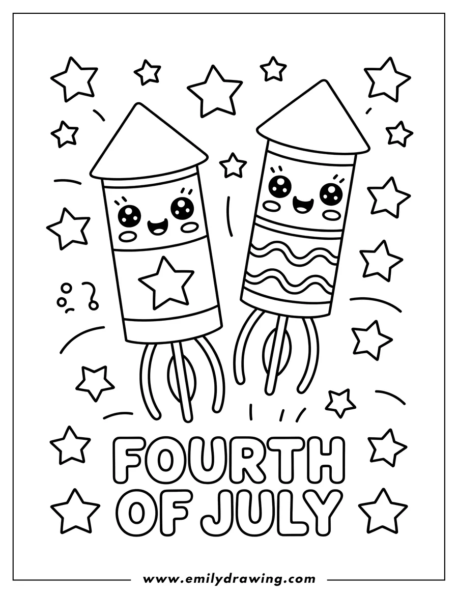 Line art of two cute fireworks with stars, ready for Fourth of July celebrations.