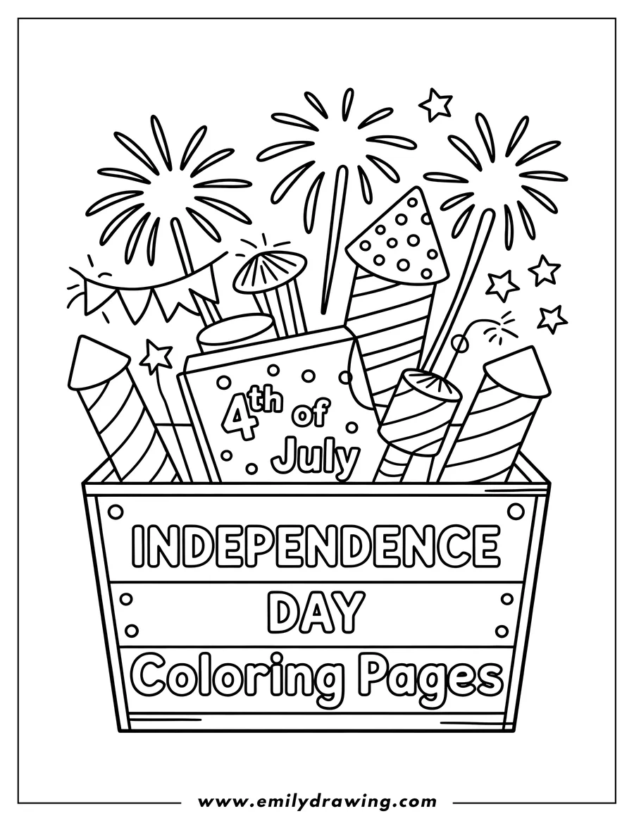 Outline of a wooden crate filled with various fireworks and labeled '4th of July, Independence Day.'