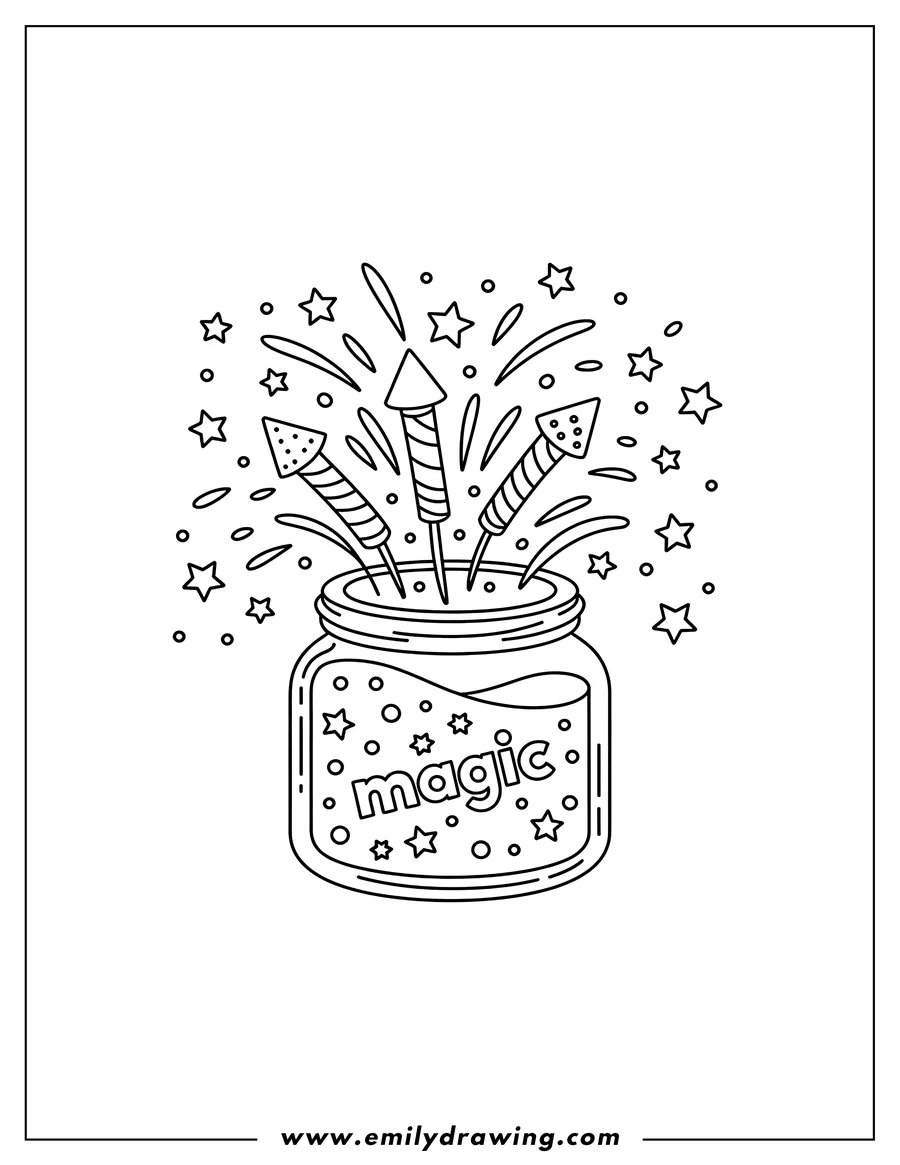 Outline of fireworks exploding from a jar labeled 'magic', surrounded by small stars.