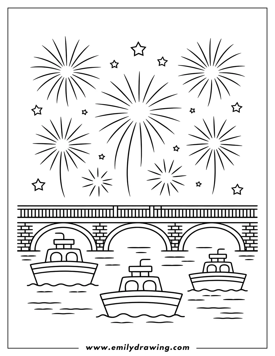 Outline of fireworks exploding over a bridge with three boats passing underneath.