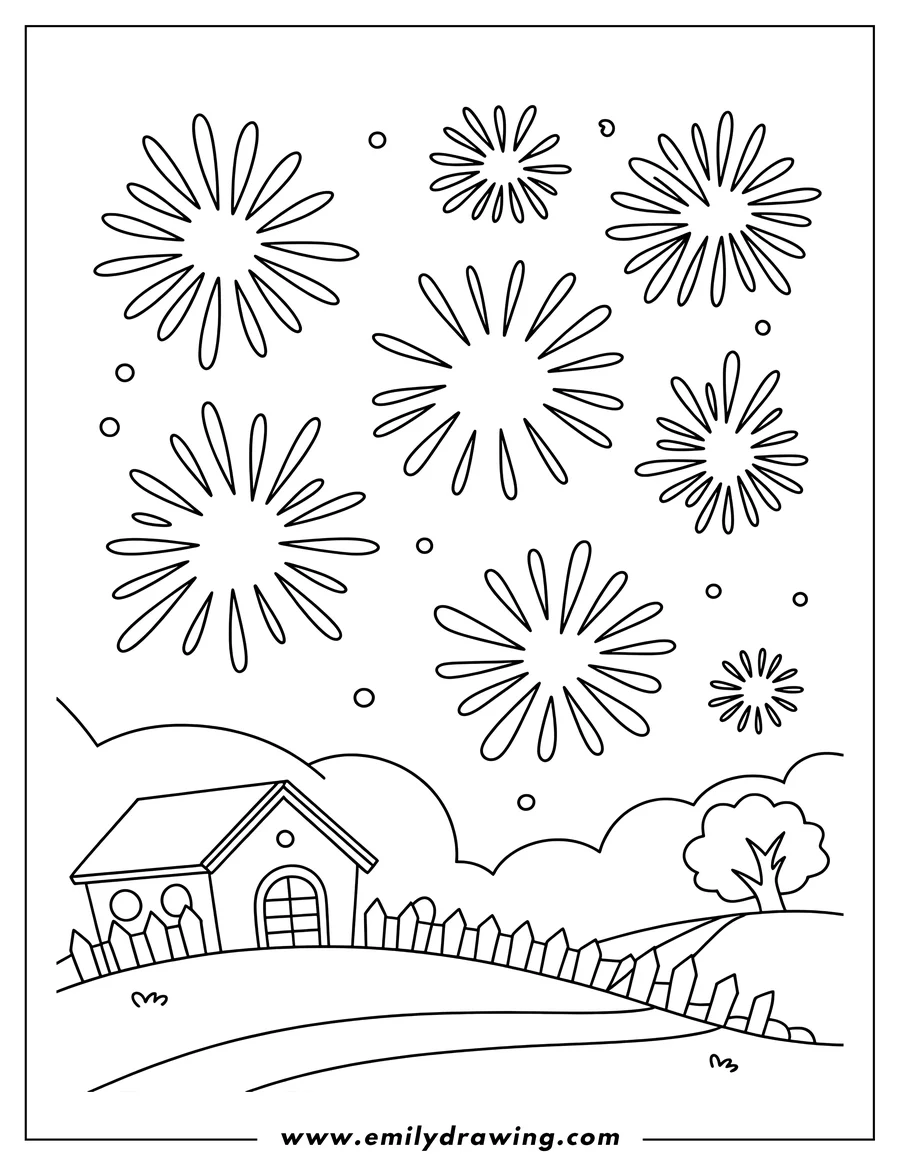 Outline of fireworks exploding over a small house with a fence and a tree.