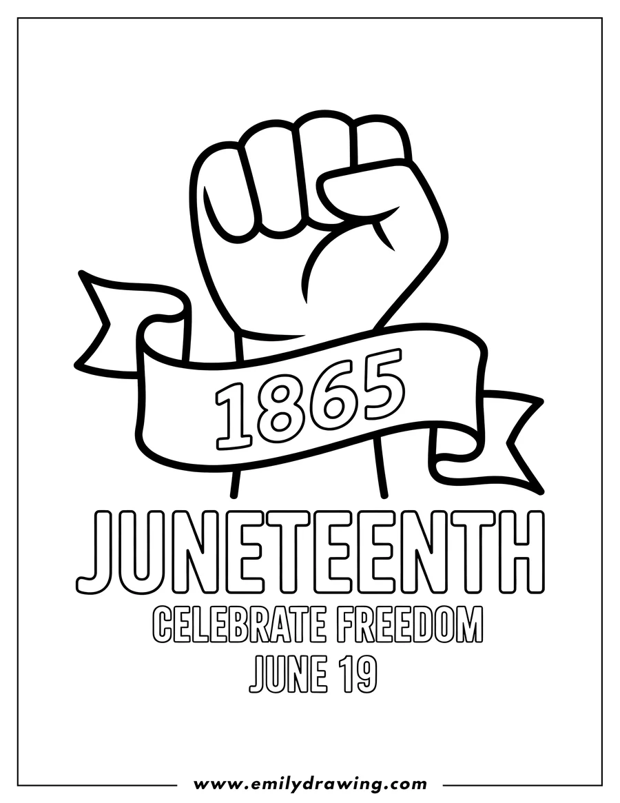 Line art of a fist holding a banner with the year 1865, commemorating Juneteenth.