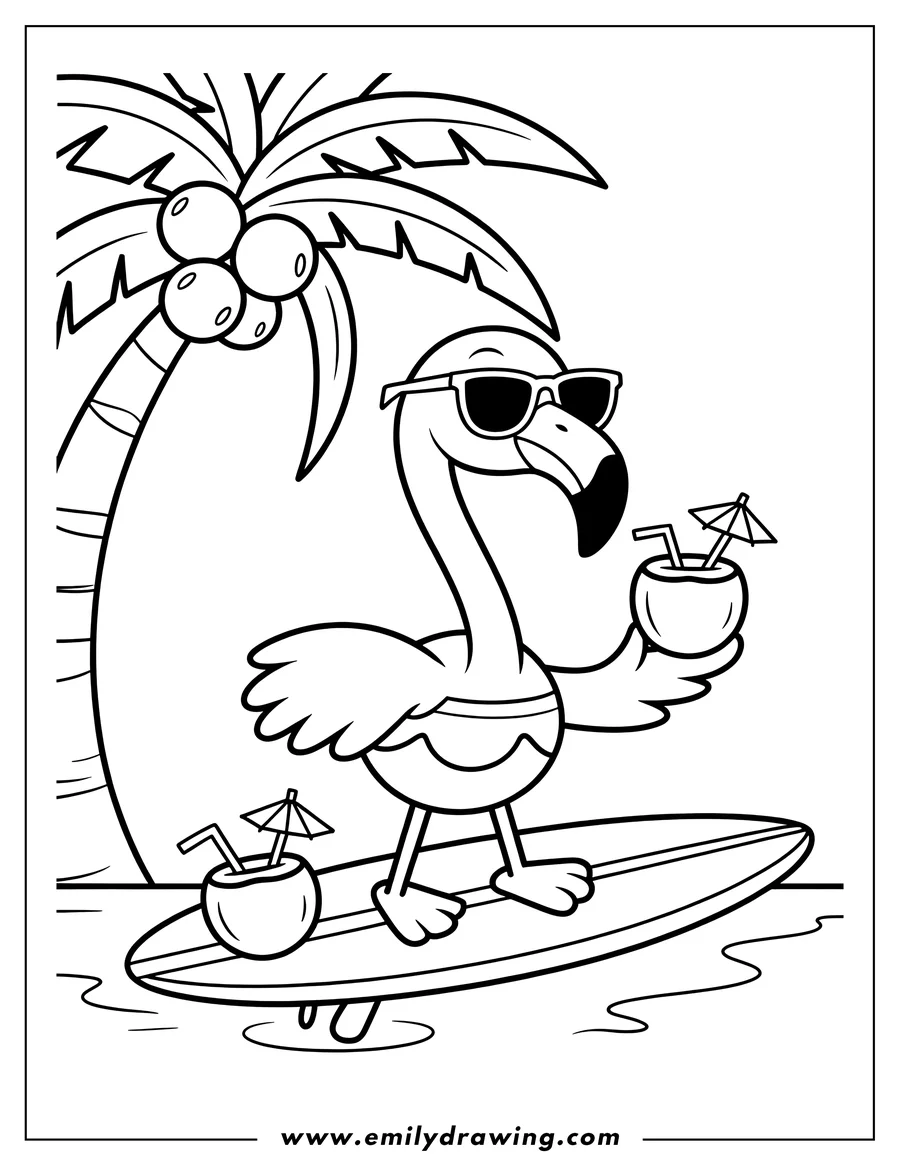 Line art of a flamingo wearing sunglasses, holding a coconut drink, and standing on a surfboard in the ocean near a palm tree.