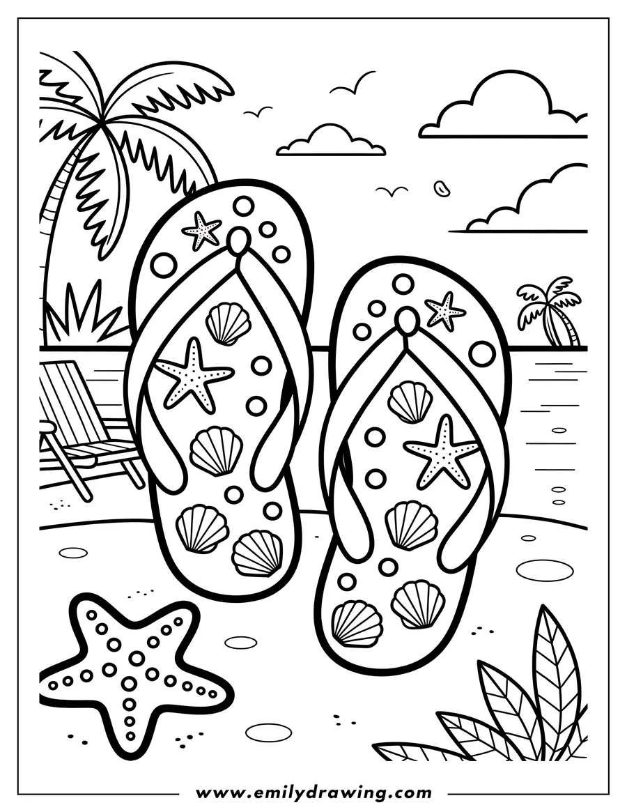 Outline of a pair of flip-flops on a sandy beach with seashells and starfish decorations. A beach chair, palm trees, and the ocean are visible in the background.