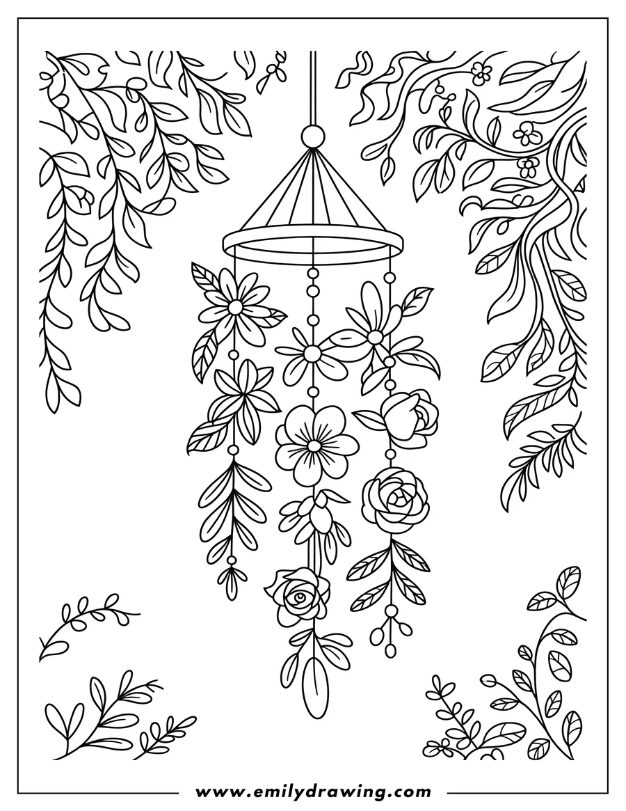 Outline of a hanging wind chime decorated with various flowers and leaves.