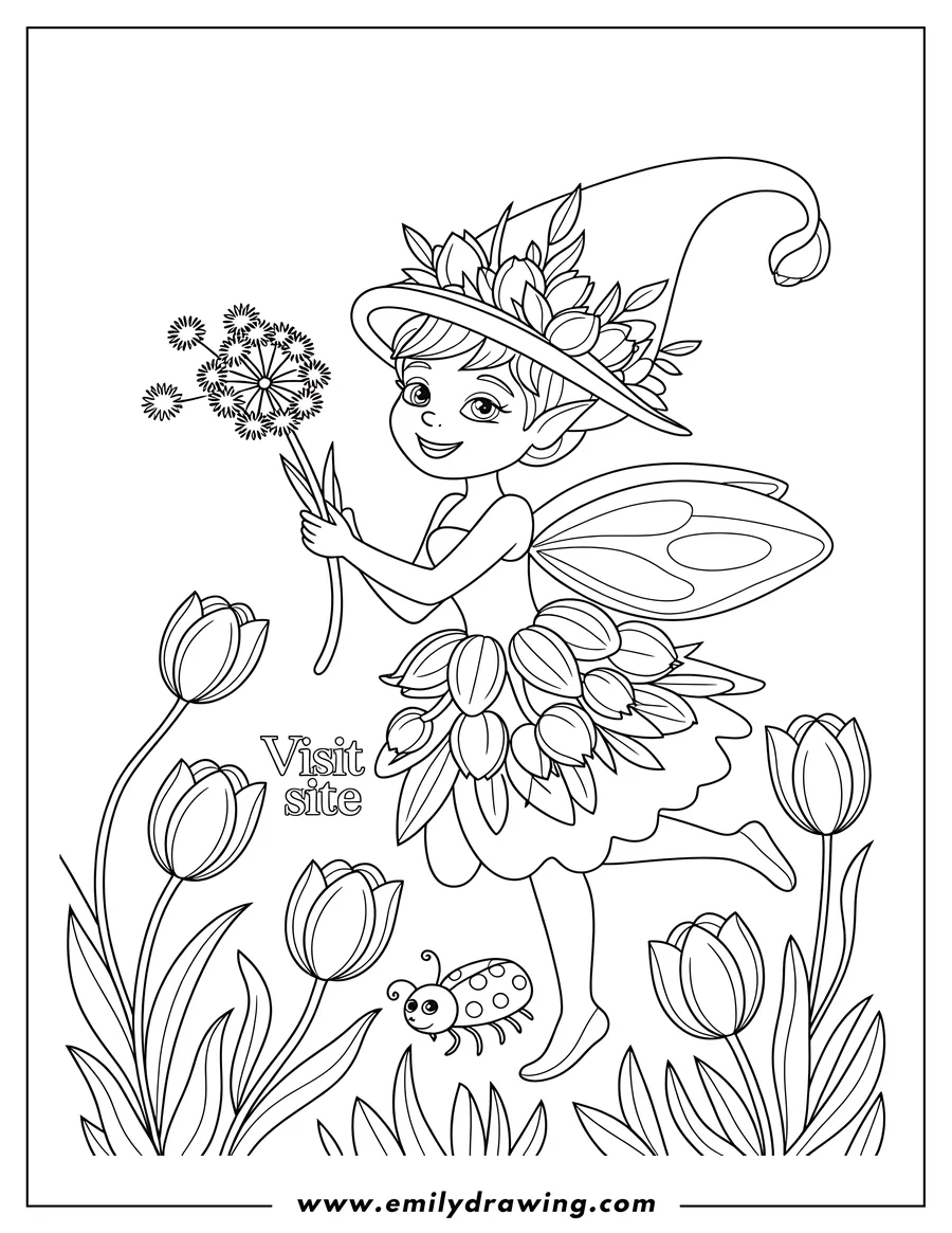 Outline of a fairy with a flower hat and tulip dress, twirling in a field of tulips. A ladybug is near her feet.