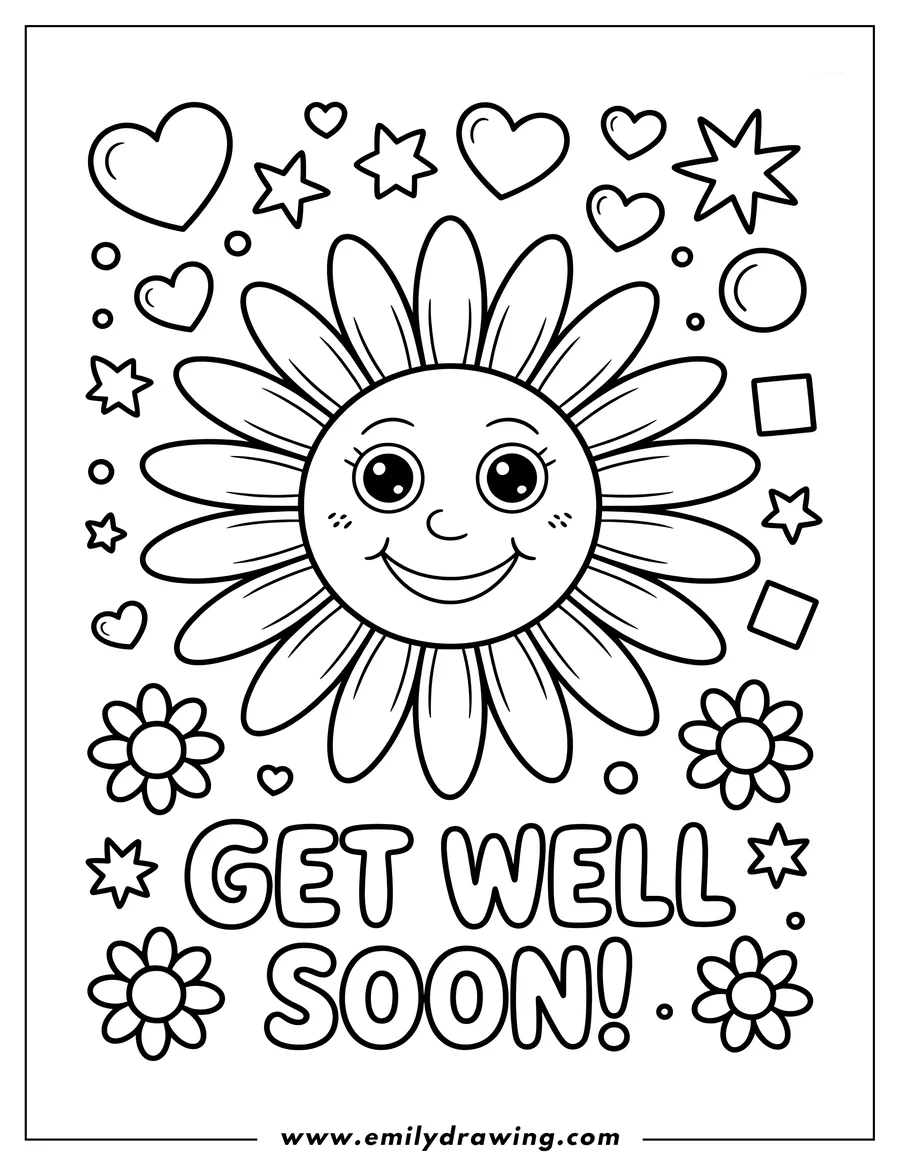 Line art of a smiling flower with the words 'Get Well Soon' surrounded by smaller flowers, hearts, and stars.