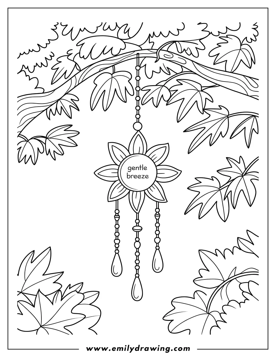 Outline of a wind chime with a flower-shaped top hanging from a tree branch, surrounded by leaves.