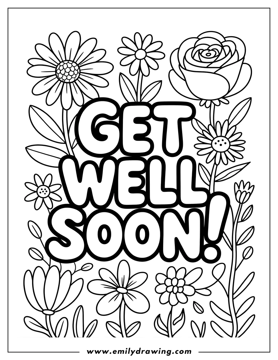 Line art of a 'Get Well Soon' message surrounded by daisies and a rose.
