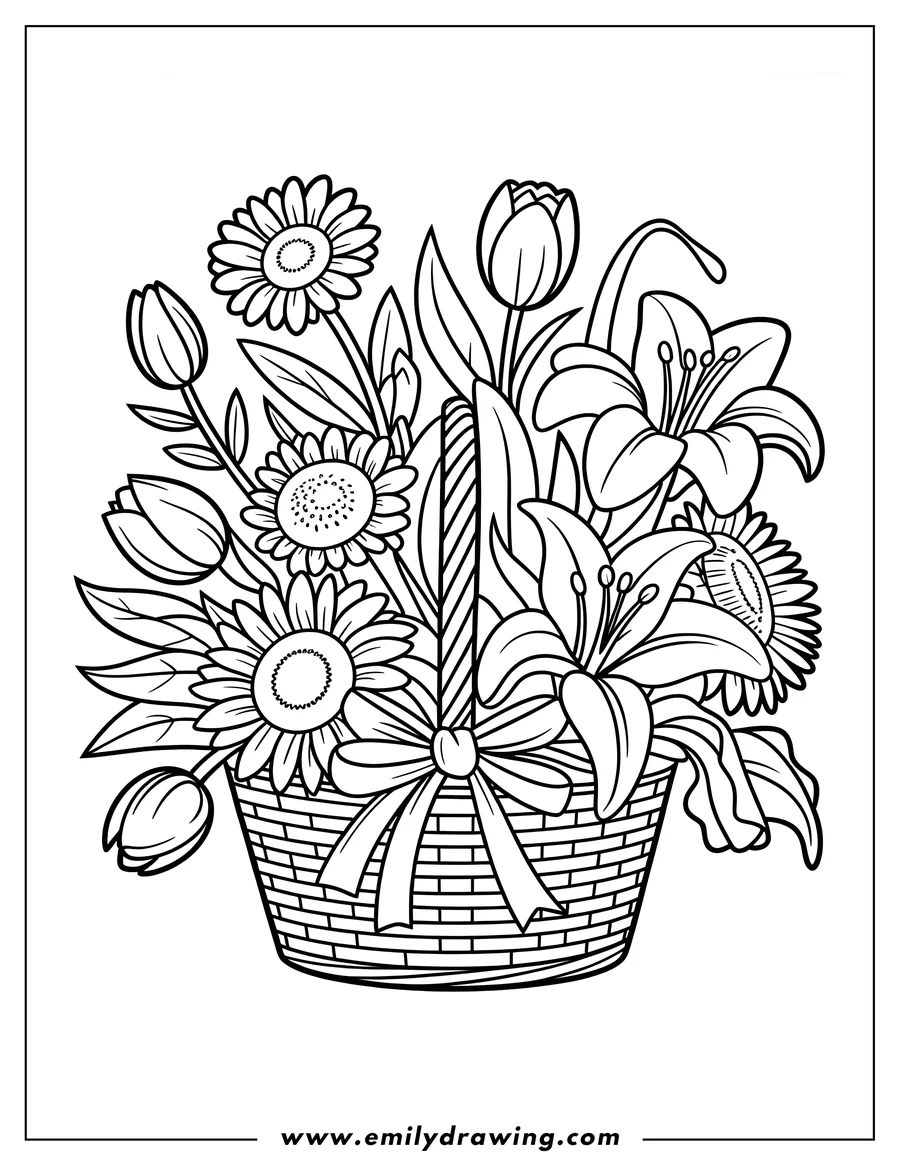 Line art of a variety of flowers, including tulips, daisies, and lilies, arranged in a woven basket with a ribbon tied around it.