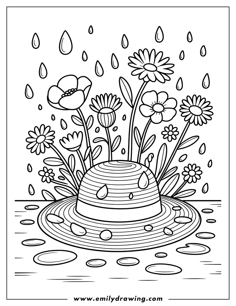 Line art of a wide-brimmed hat in the rain, filled with various flowers and flower buds.