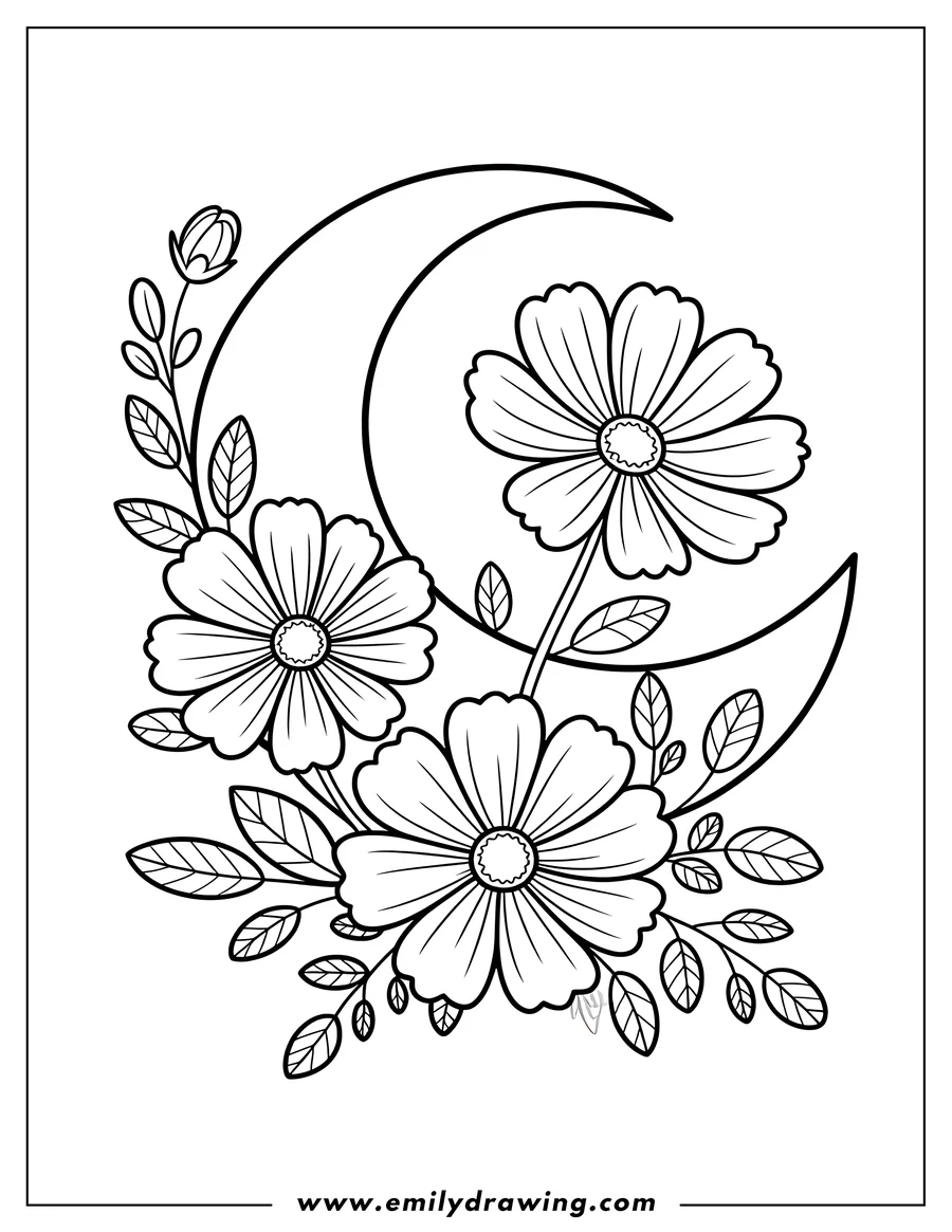 Outline of three flowers with leaves arranged on a crescent moon.
