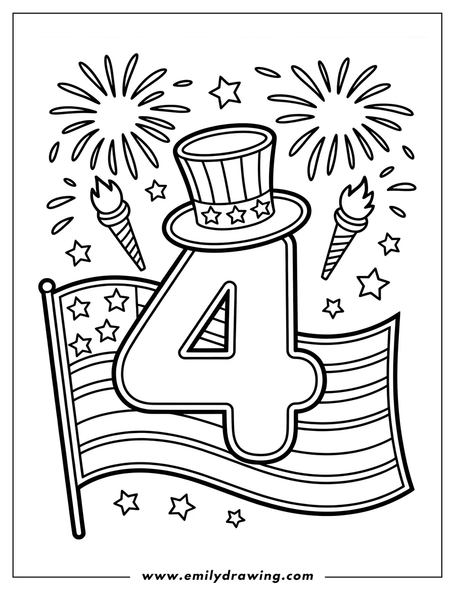 Outline of a Fourth of July design featuring a large number 4 wearing an Uncle Sam hat, with the American flag, fireworks, and torches.