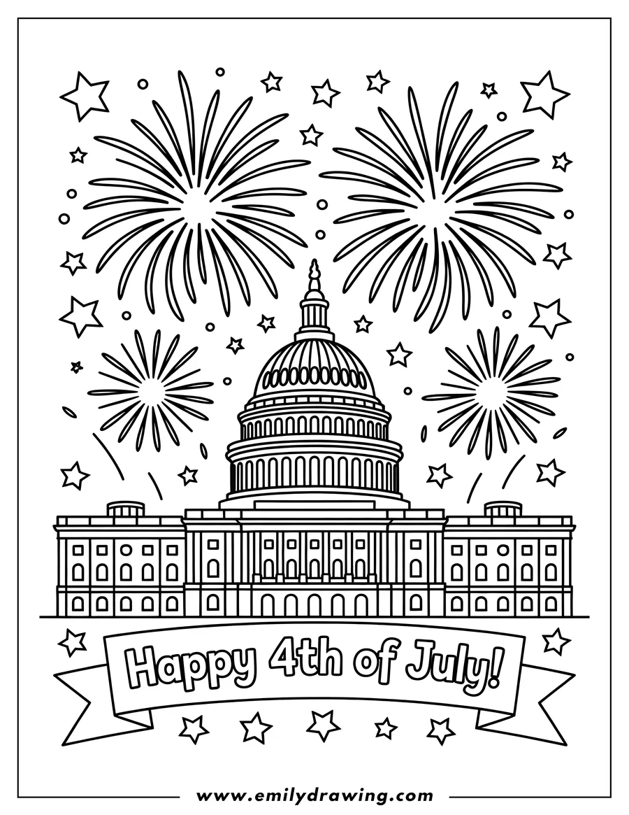 Outline of the Capitol Building with a festive 4th of July fireworks display in the background.