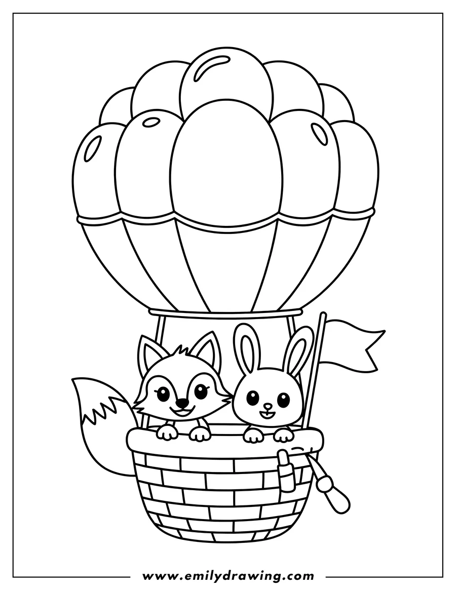 Outline of a fox and a rabbit riding in a hot air balloon basket. The balloon has a small flag attached.