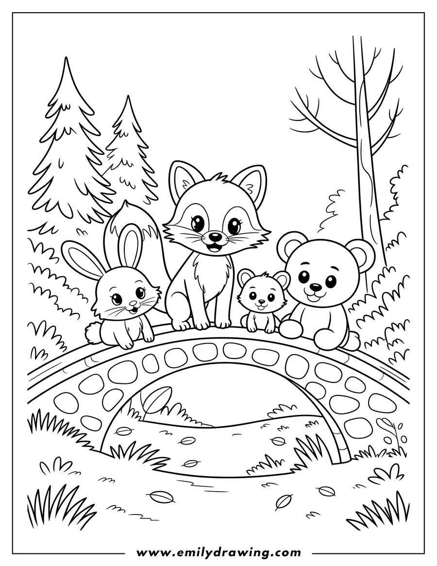 Outline of a fox, bunny, bear cub, and mama bear standing on a small bridge in a grassy area with trees.