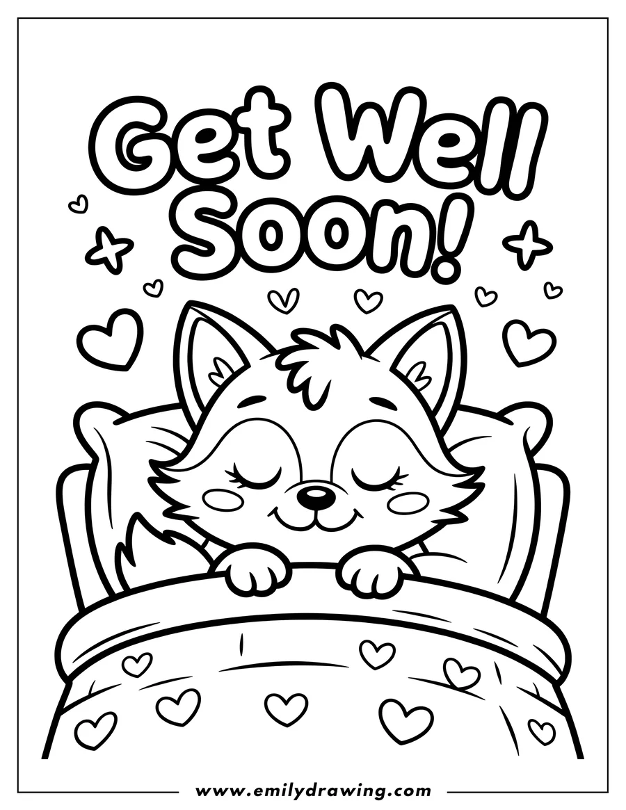 Outline of a fox resting in bed under a blanket with a heart pattern. The words 'Get Well Soon' appear above the fox.