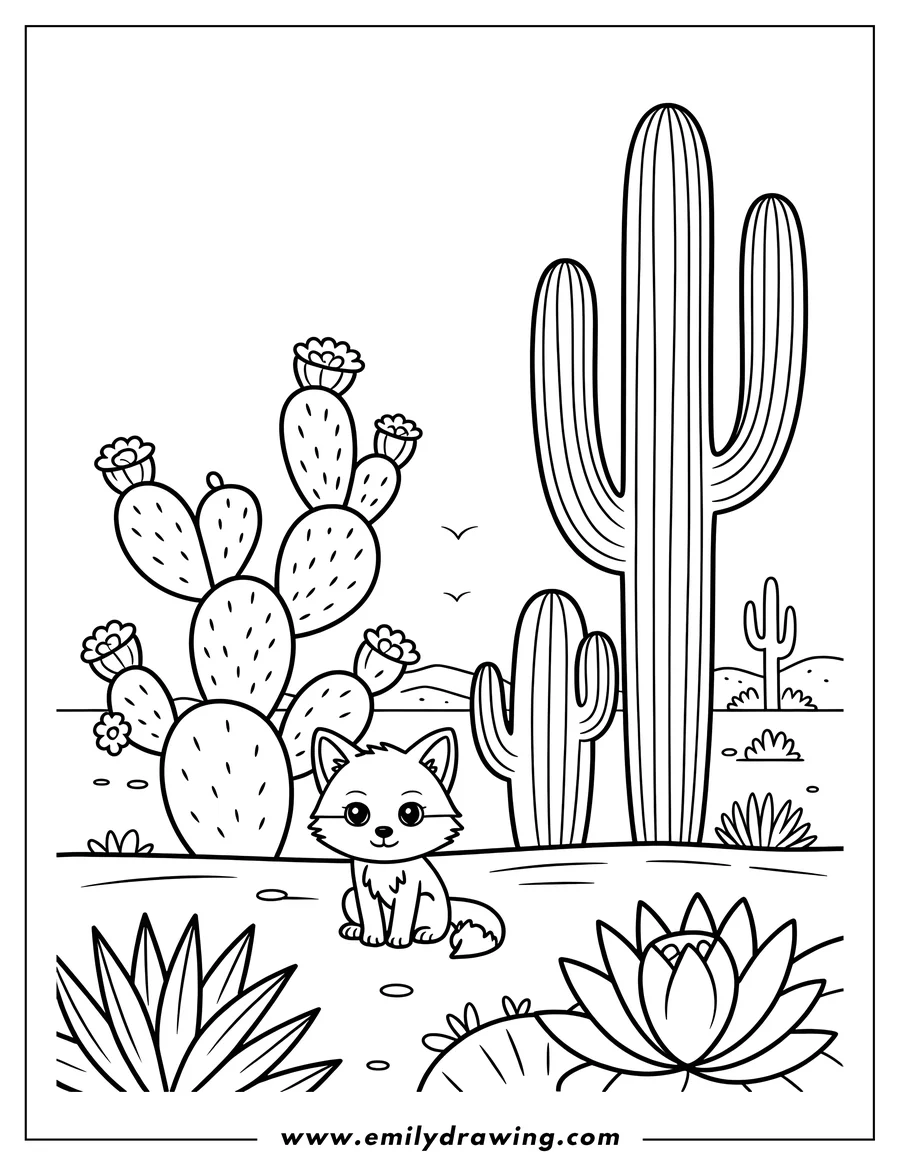 Outline of a fox sitting in a desert landscape with cacti, plants, and distant mountains. Two birds fly overhead.