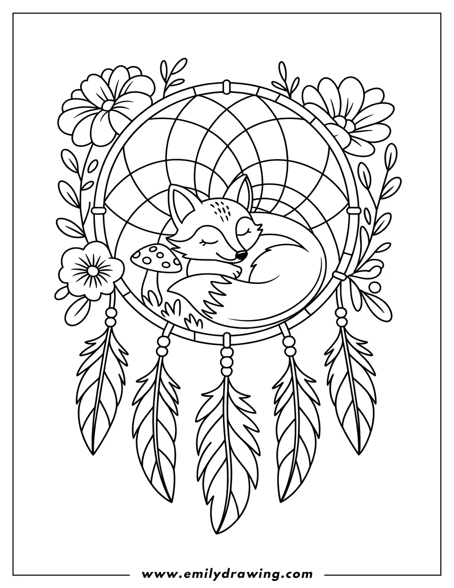 Outline of a fox sleeping inside a dreamcatcher decorated with flowers and feathers.