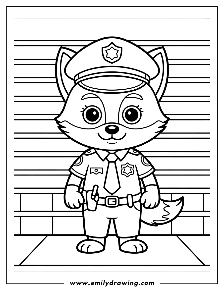 Outline of a cartoon fox dressed as a police officer, complete with a uniform, hat, and badge.
