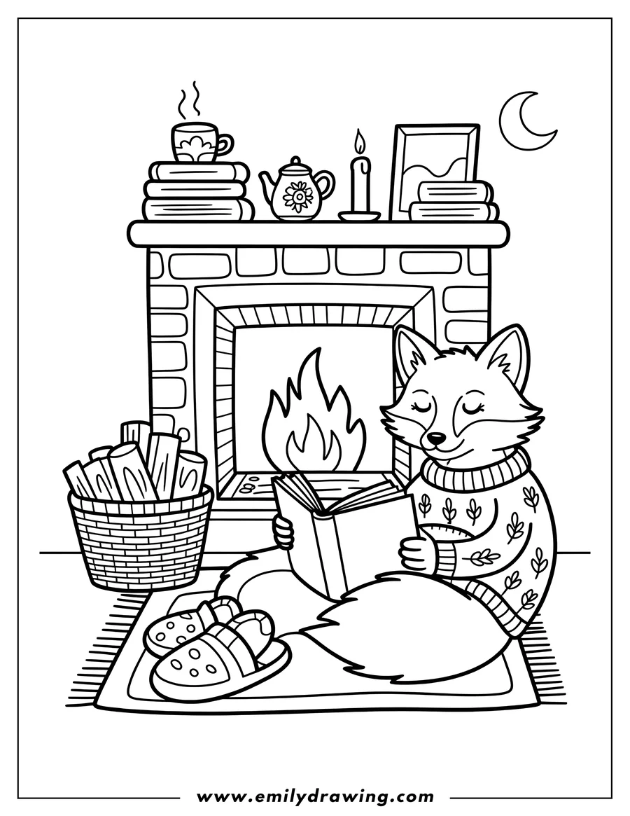 Outline of a fox wearing a patterned sweater, sitting on a rug and reading a book by a fireplace.  A basket of logs, slippers, and a mantelpiece with books, a teapot, a candle, and a picture are also visible.