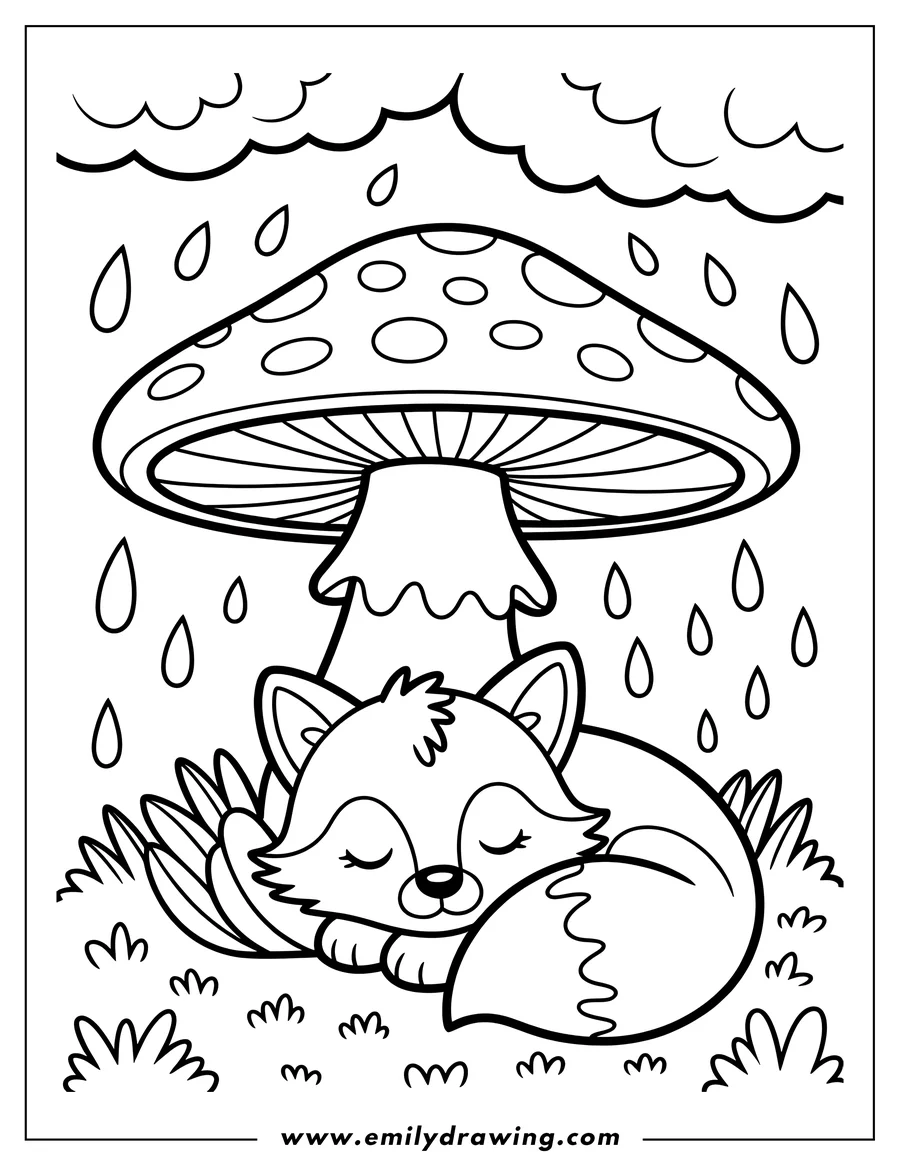 Outline of a fox sleeping peacefully under a large mushroom in the rain. Raindrops fall around the mushroom, and blades of grass surround the fox.