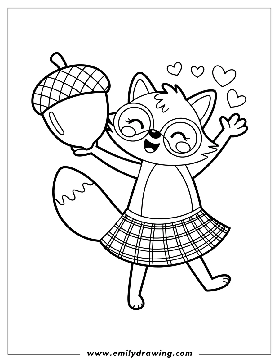 Line art of a cheerful fox wearing glasses and a plaid skirt, holding a large acorn.  Several hearts float above its head.