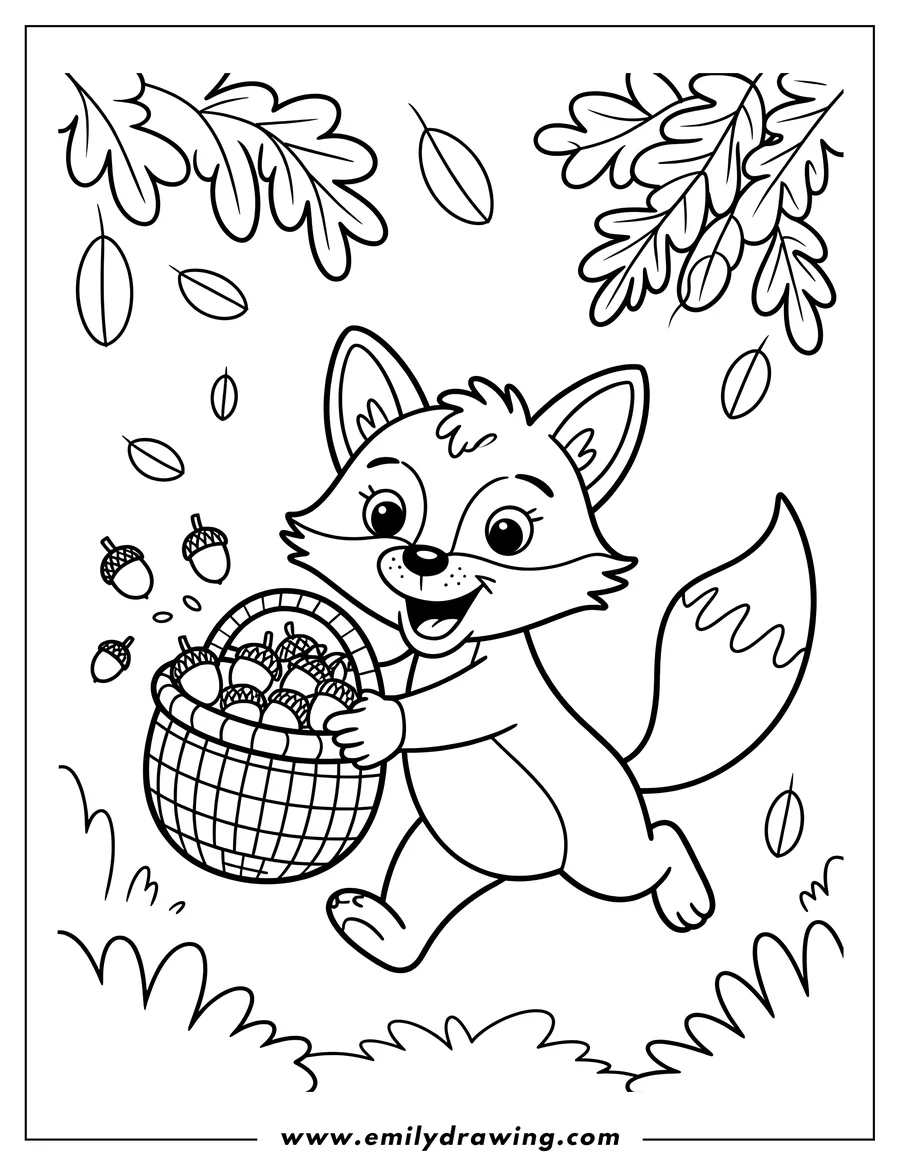 Outline of a fox carrying a basket overflowing with acorns. Oak leaves gently fall around the happy fox.