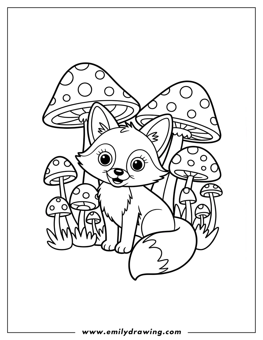 Outline of a fox sitting among large, spotted mushrooms and some grass.
