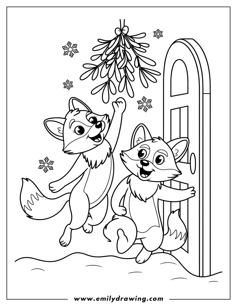 Two foxes playing near mistletoe and a door, with snowflakes falling around them.