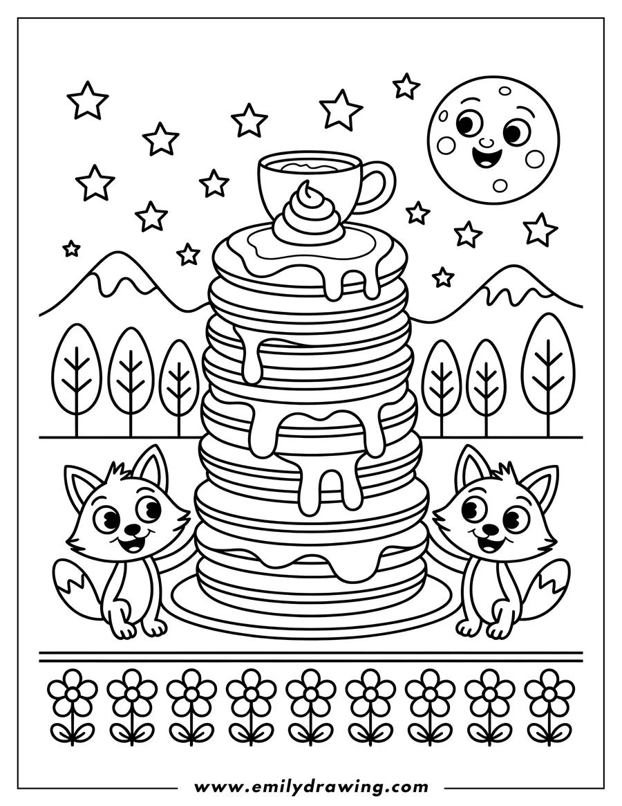 Two foxes gazing at a tall stack of pancakes topped with whipped cream and a cup of coffee or hot chocolate, under a smiling moon and starry night sky.
