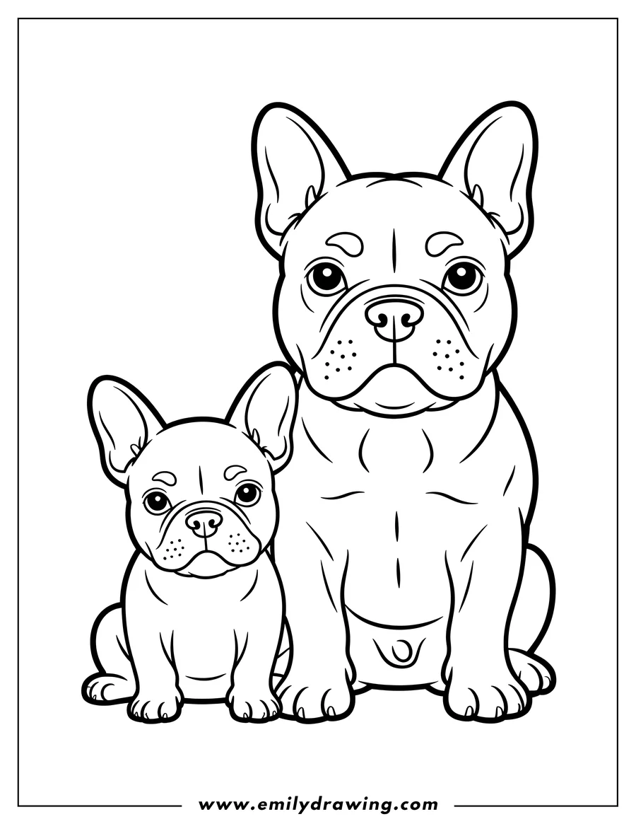 Outline of two French Bulldogs, one adult and one puppy, sitting side by side.