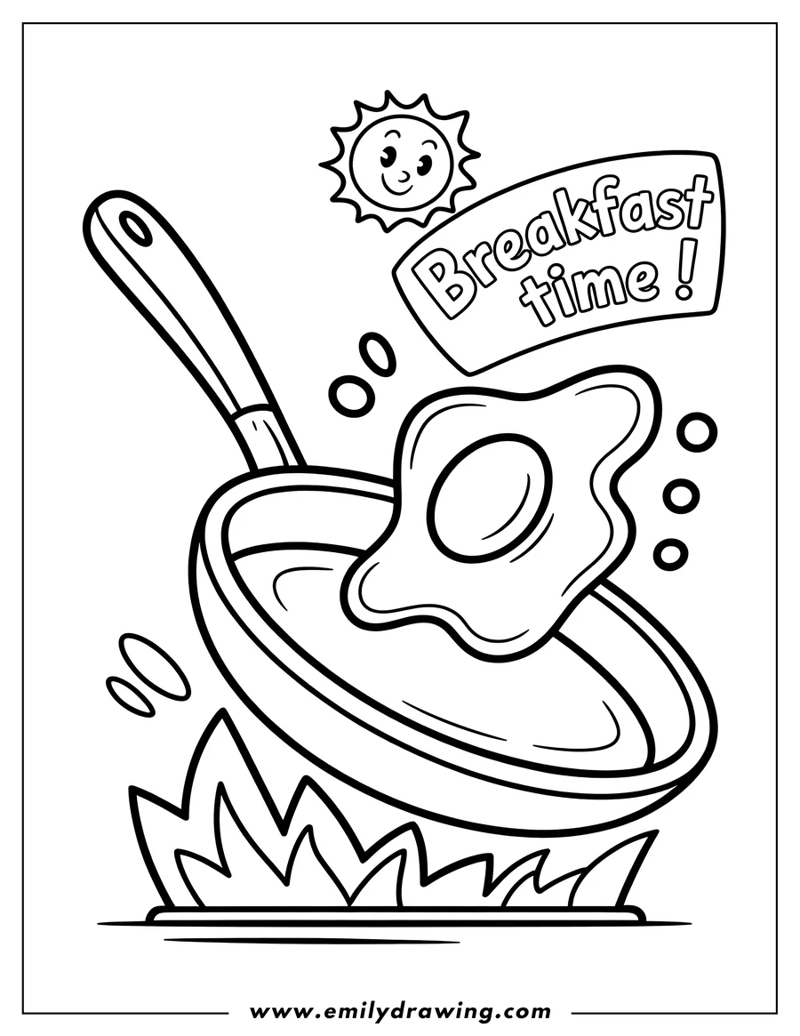Line art of a fried egg cooking in a frying pan over a flame, with a cheerful sun and the words 