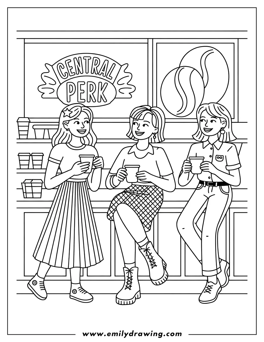 Line art of three friends sitting at the counter in Central Perk, holding drinks. Various coffee shop details are in the background.