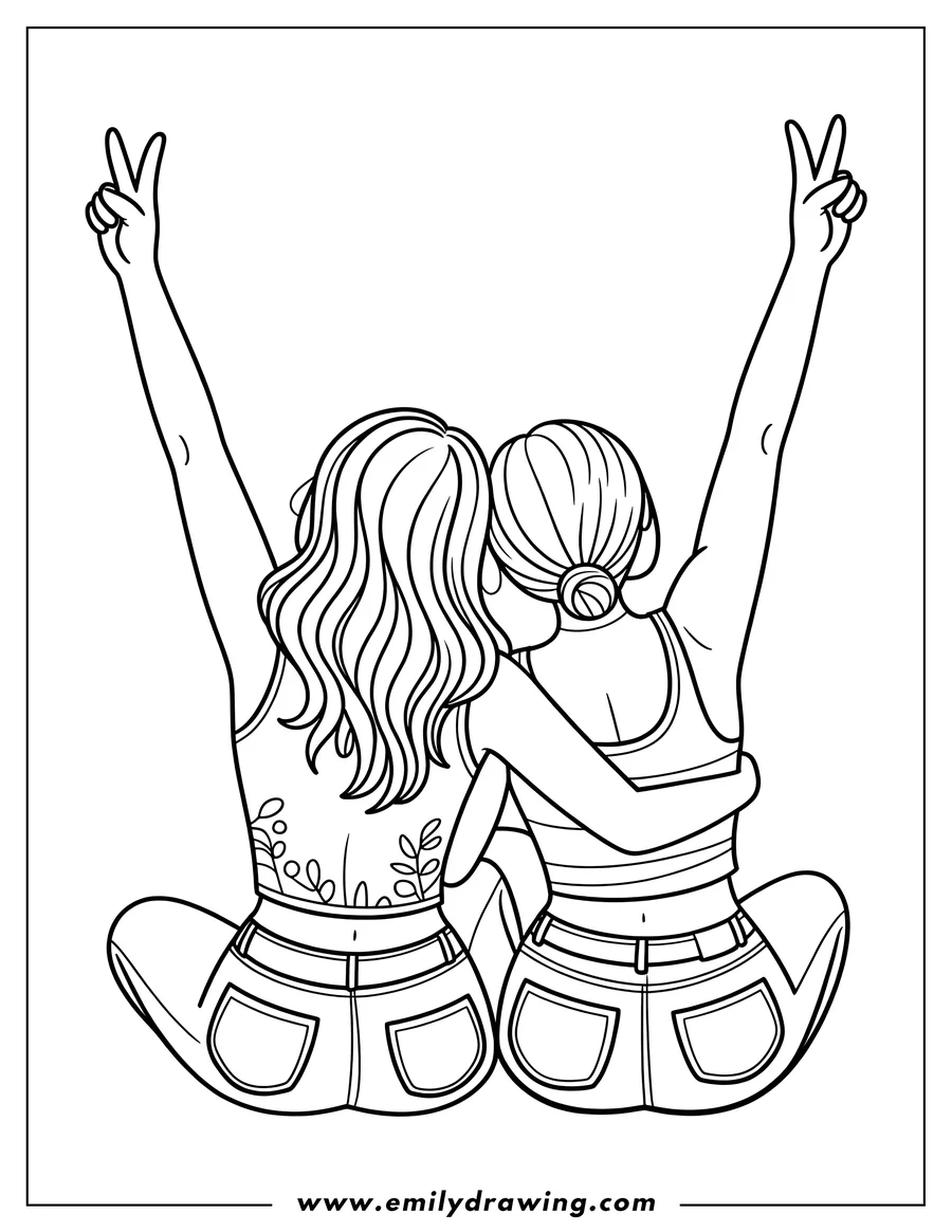 Two friends sitting with their backs to the viewer, hugging, arms raised in peace signs.