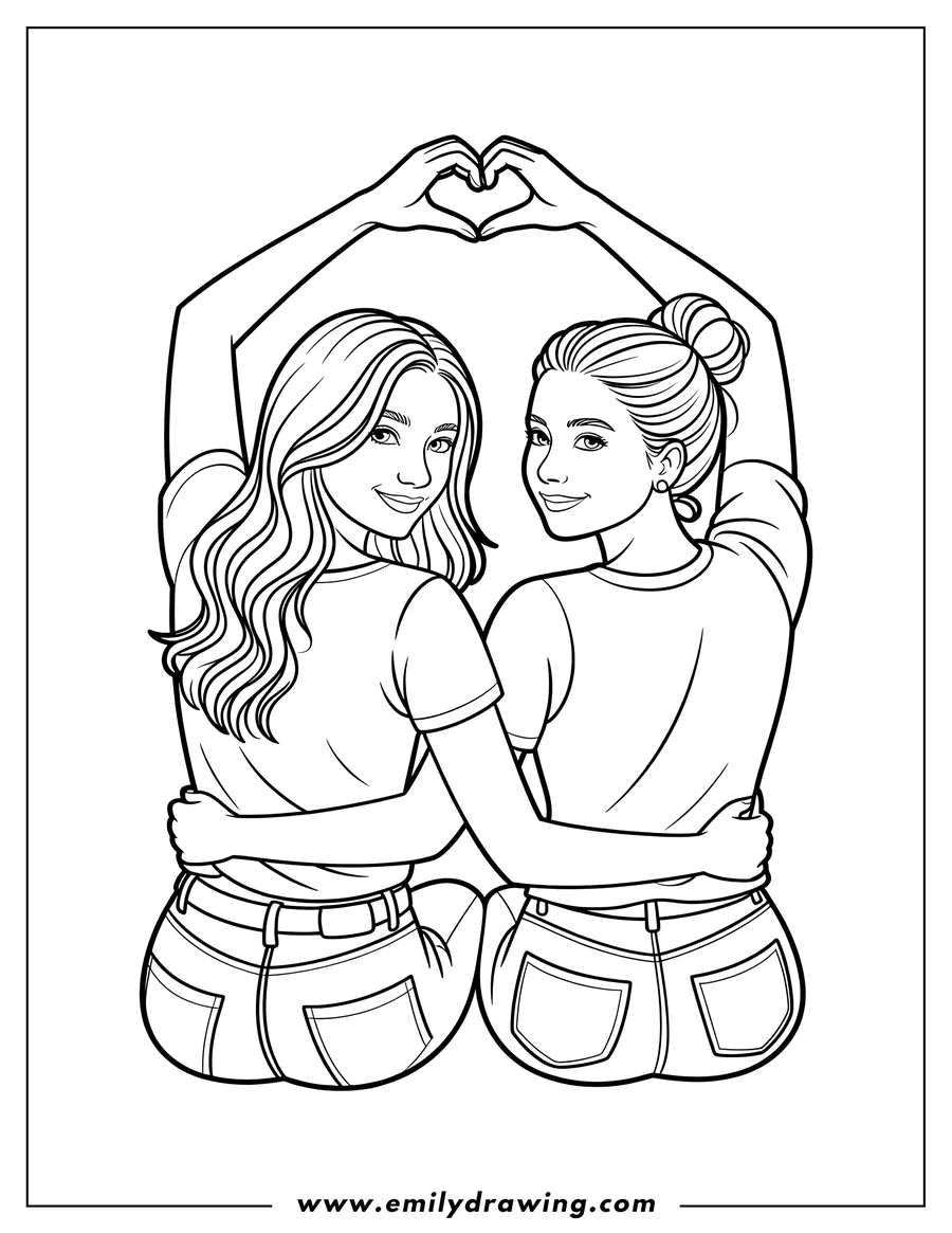 Two friends sitting back-to-back, arms around each other, forming a heart shape with their raised hands.