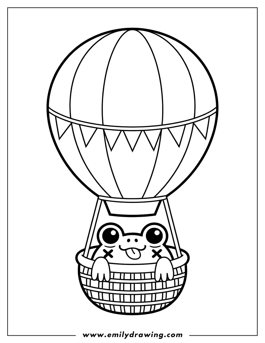 Outline of a frog sitting in the basket of a hot air balloon, with its tongue sticking out.