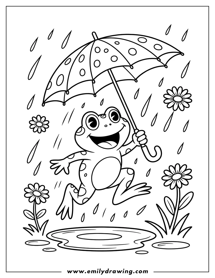 Line art of a cheerful frog holding a polka dot umbrella while jumping in rain puddles near some flowers.
