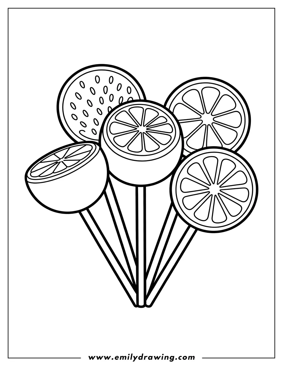 Outline of a bouquet of lollipops with various fruit slices.