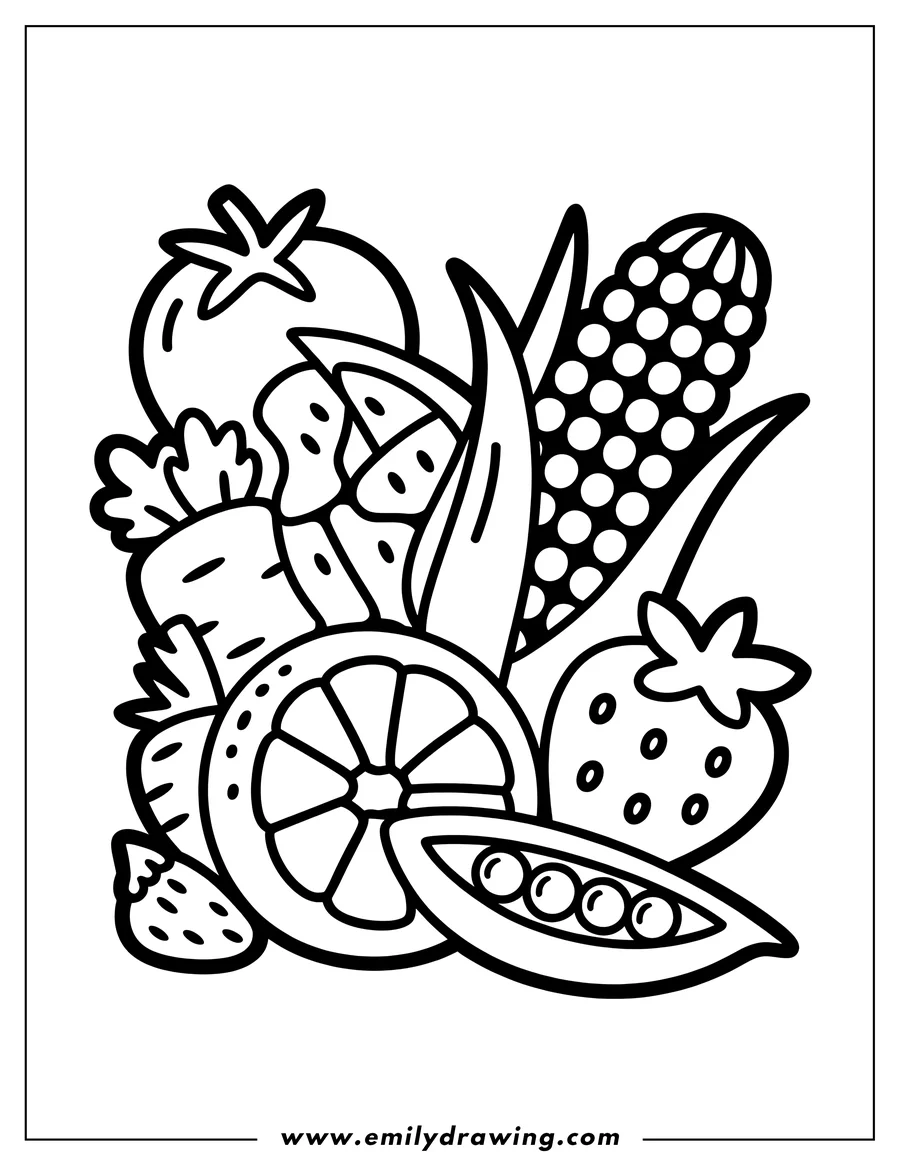 Line art illustration of various fruits and vegetables including a strawberry, carrot, watermelon slice, orange slice, peas in a pod, and an ear of corn.