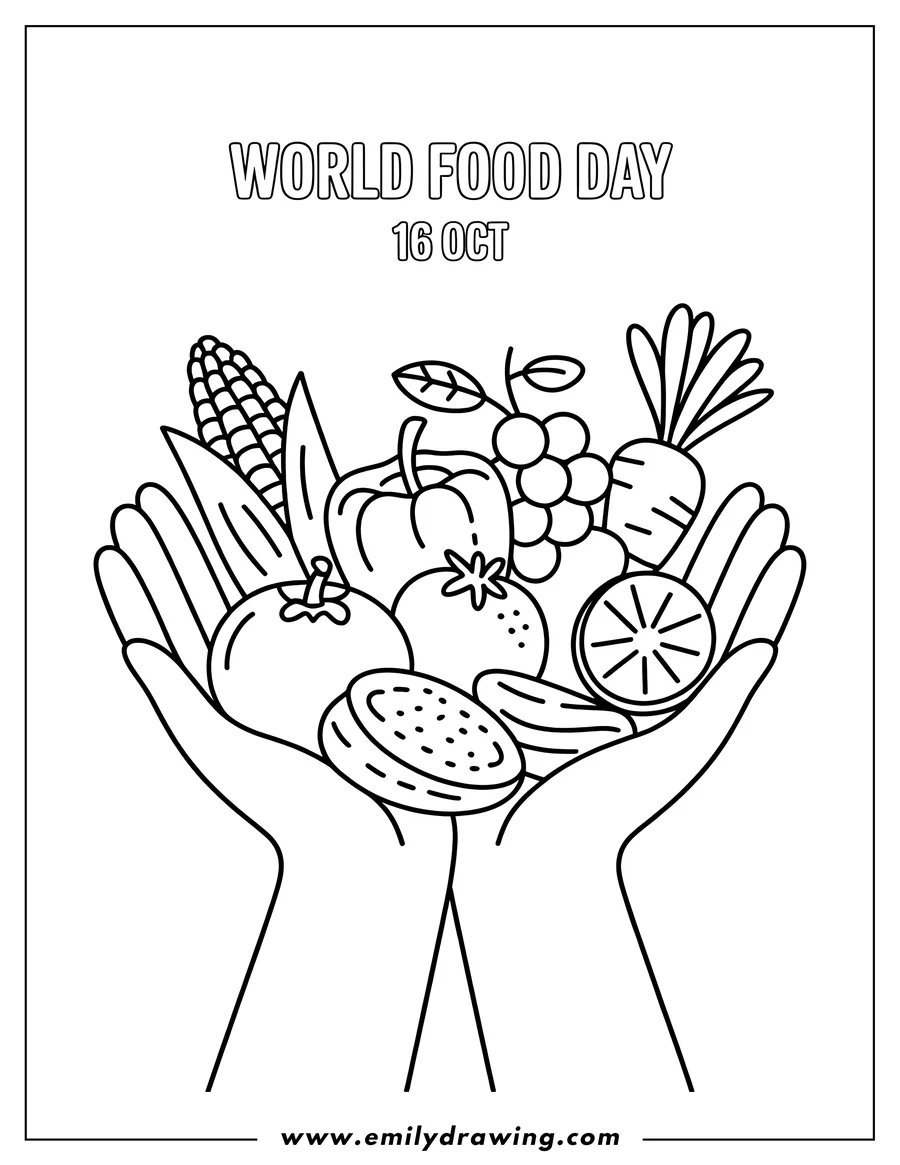 Line art of two hands holding an assortment of fruits and vegetables, including an ear of corn, bell pepper, grapes, carrot, tomato, orange slices, and cucumber slices.
