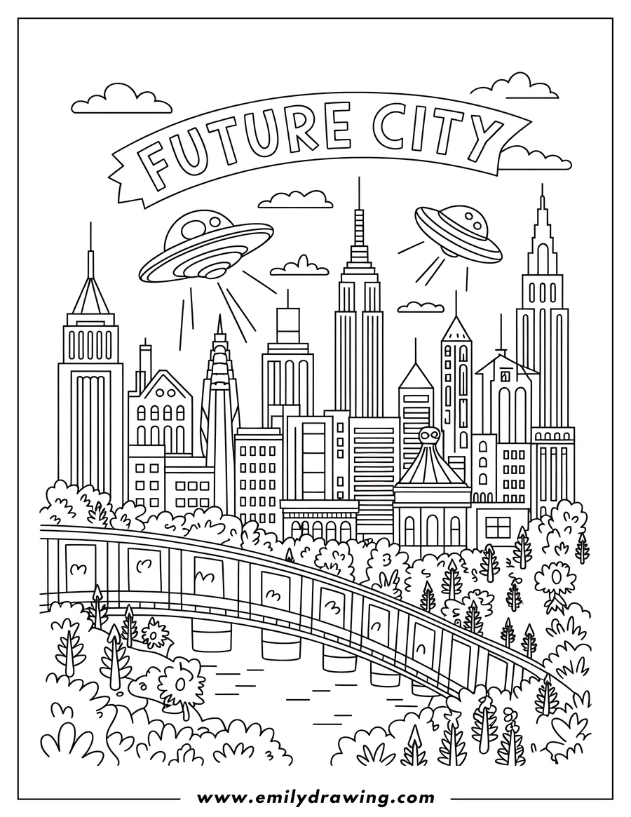 Outline of a futuristic cityscape with two flying saucers, tall skyscrapers, and a bridge over a river, surrounded by trees and foliage.