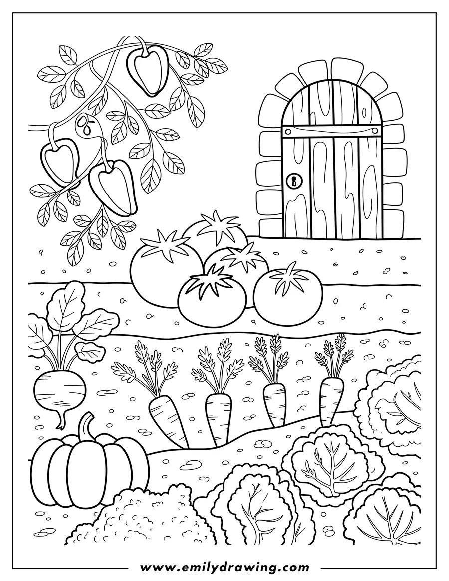 Line art of a garden scene with various vegetables, including carrots, tomatoes, a pumpkin, peppers on a vine, and leafy greens. A partially visible wooden door with a stone archway is in the background.