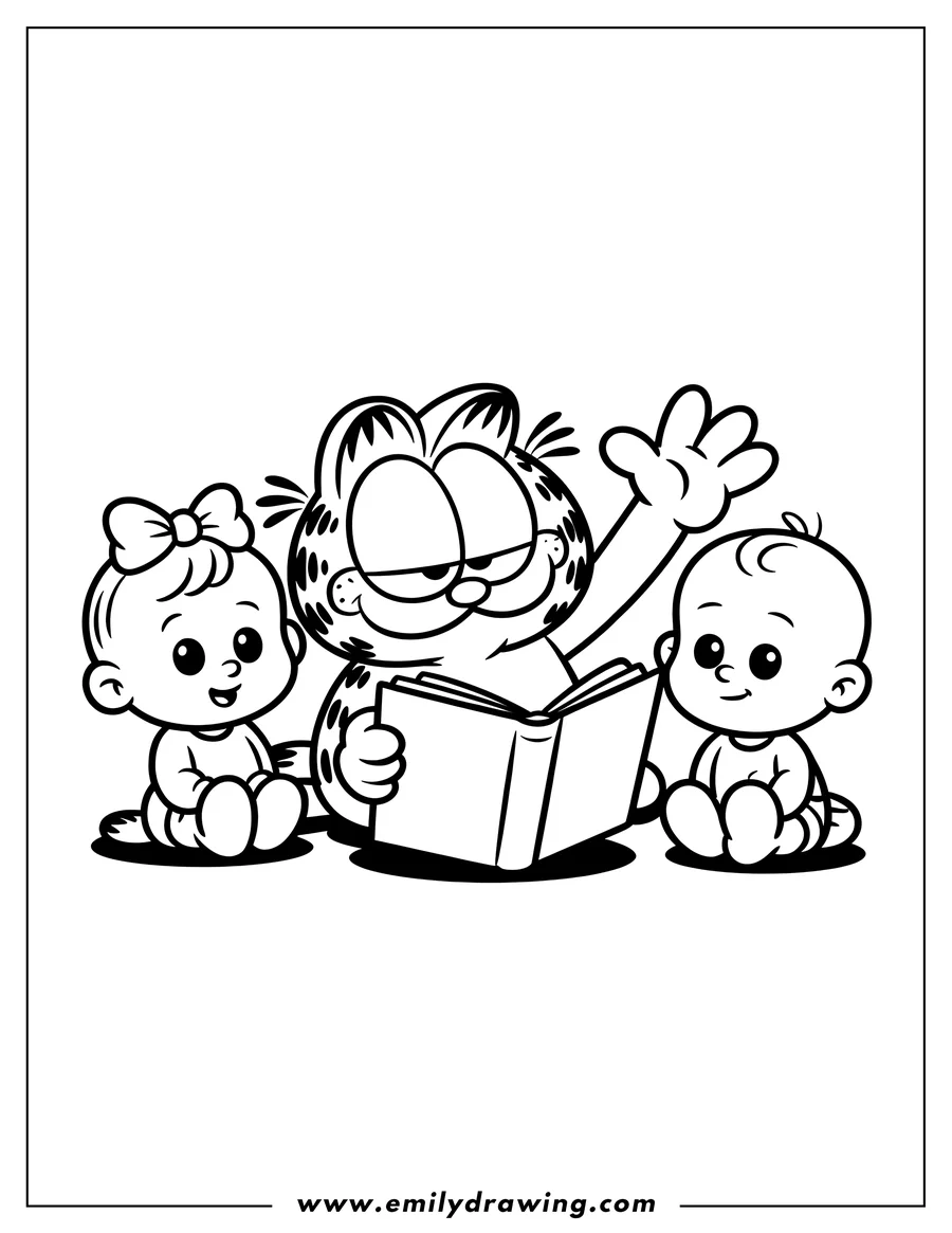 Line art of Garfield reading a book with two babies sitting on either side of him.