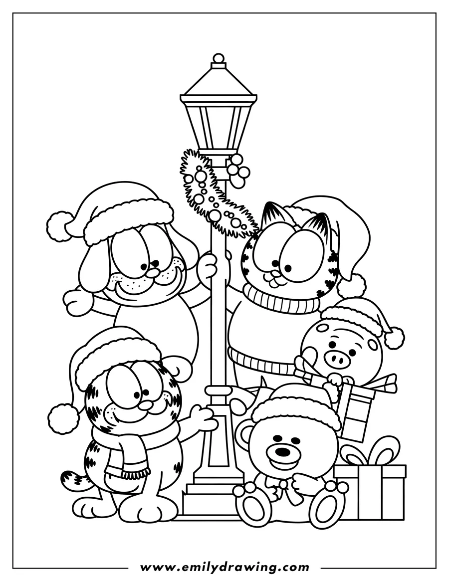 Line art of Garfield, Odie, Pooky, and a teddy bear at Christmas, wearing Santa hats and gathered around a lamppost with festive decorations.