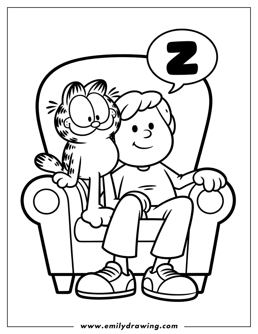Line art of Garfield and Jon sitting in an armchair. Garfield is perched on the armrest, and Jon is sitting with his legs stretched out. A speech bubble above Garfield shows a 'Z', indicating he is sleepy.