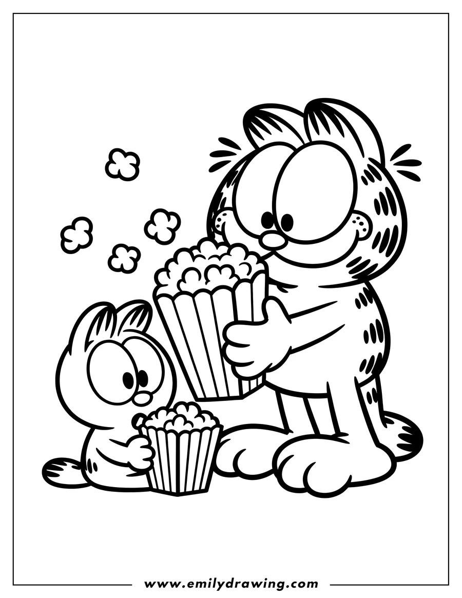 Garfield and Nermal enjoying popcorn. Garfield holds a large bucket overflowing with popcorn, while Nermal sits and eats from a smaller container.